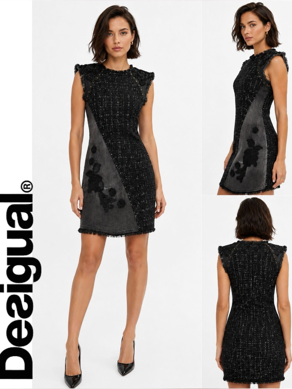 DESIGUAL Achille Black Sleeveless Tweed Black Denim Mini Dress Sz:44